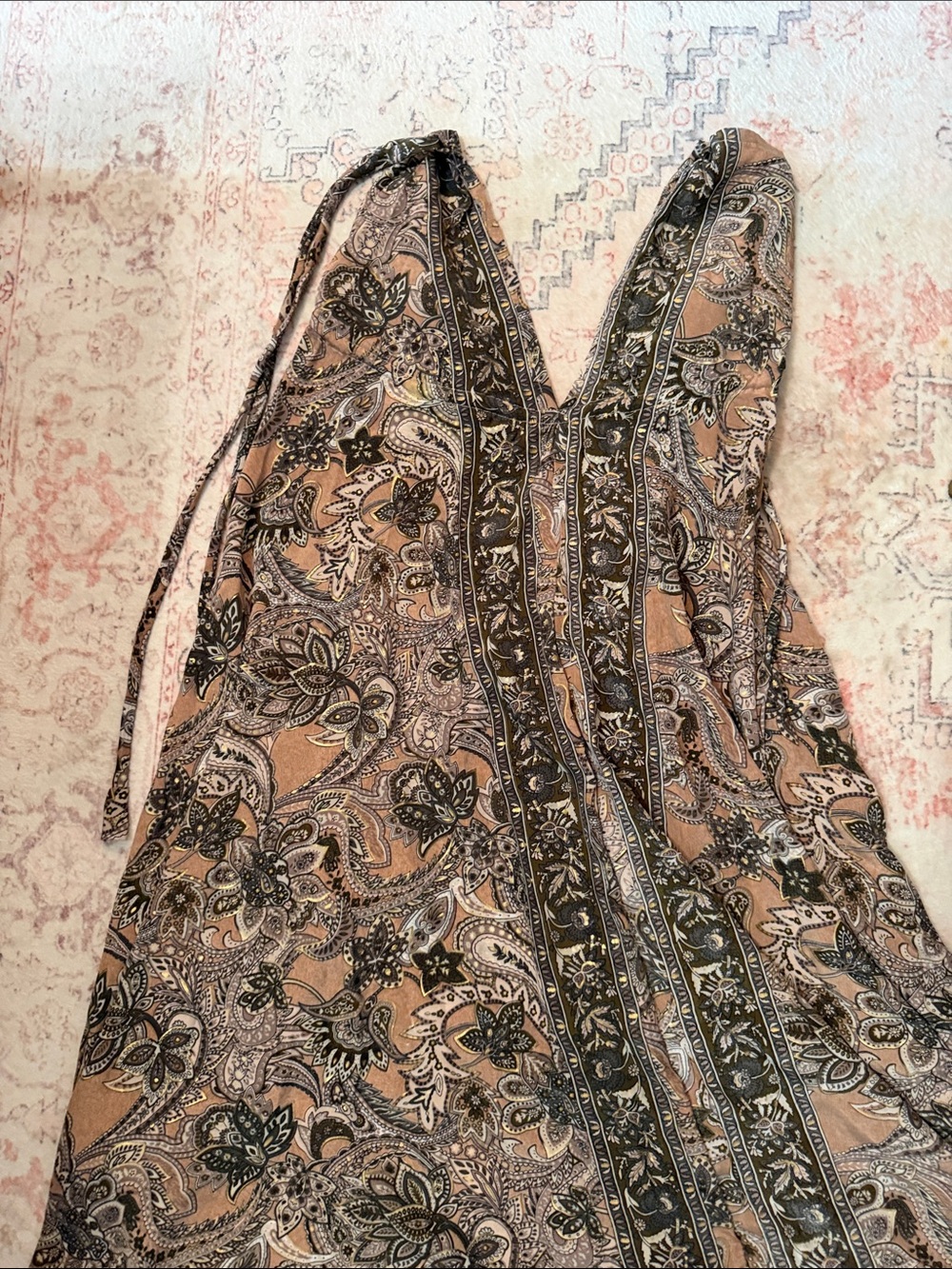 Maxi V-Neck Paisley Floral Dress in Beige and Olive
